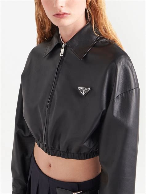 prada women leather jacket|prada black cropped puffer jacket.